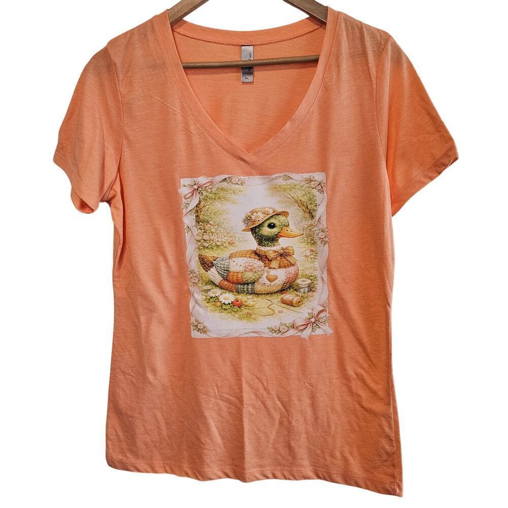 Cottagecore Duck Patchwork T-Shirt Womens XL Peach Patchwork Ribbon Granny Retro